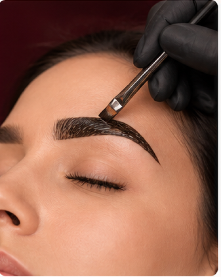 Aplicação de henna ou tintura nas sobrancelhas com luvas pretas